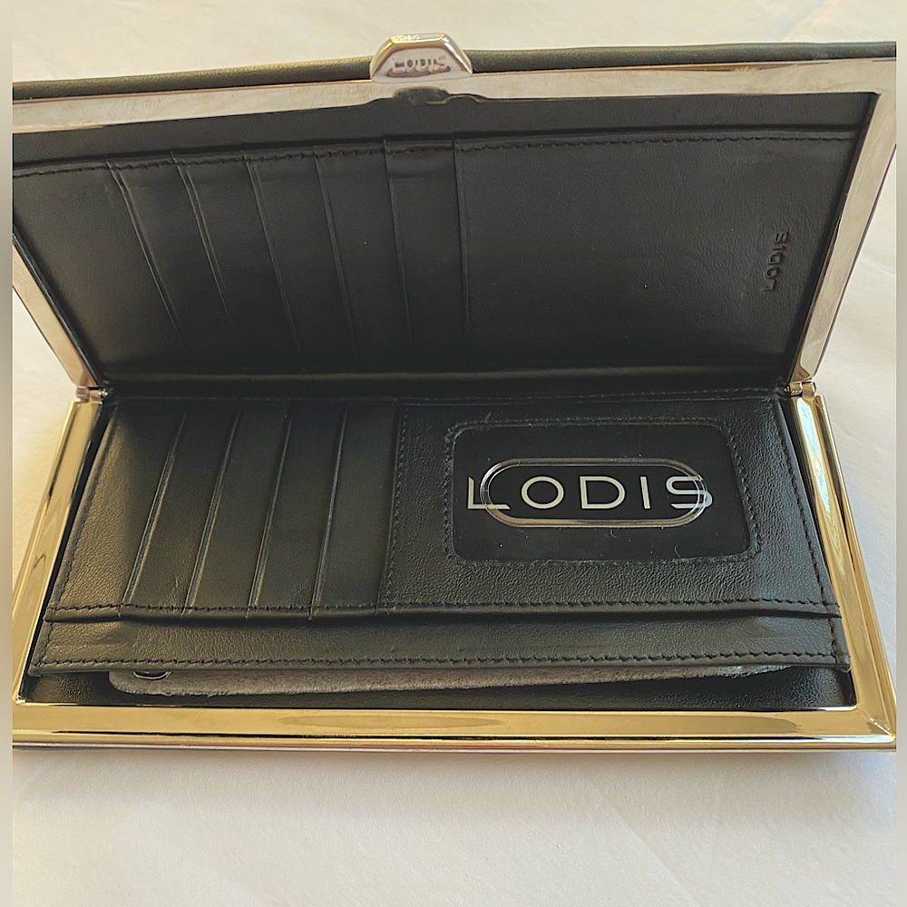 LODIS:Black Leather Large Ballet Framed Wallet/Clutch